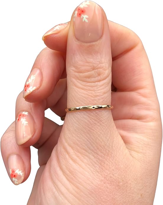 Ellie J Maui Hammered Ring, 1mm Thin Stacking Rings, Minimalist Rings for Women, 14K Gold Filled Rings for Teen Girls Midi Knuckle Pinky Finger Jewerly (Size 3-11)