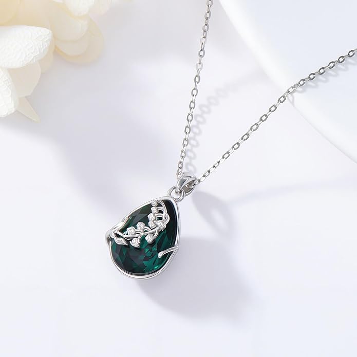 925 Sterling Silver Birth Flower Necklace with Teardrop Shaped Birthstone - 12 Colors, 12 Kinds of Flower - Ideal Birthday Jewelry Gift for Women, Mothers, Daughters & Wives