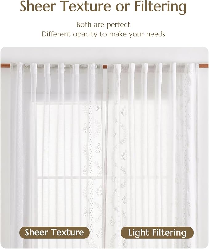 jinchan Belrose Linen Sheer Curtains for Living Room 96 Inch Length Sheer Voile Embroidered Floral Curtains for Bedroom Light Filtering Rod Pocket Window Treatments Farmhouse Decor 2 Panels White