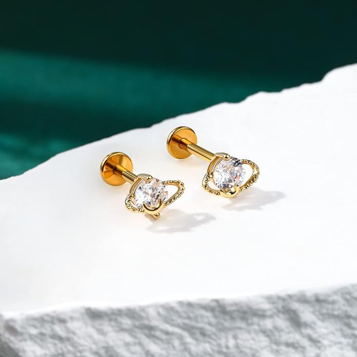 Cocharm 14K Solid Gold Cartilage Earring - Planet Yellow Gold Flat Back Helix Stud, 16g