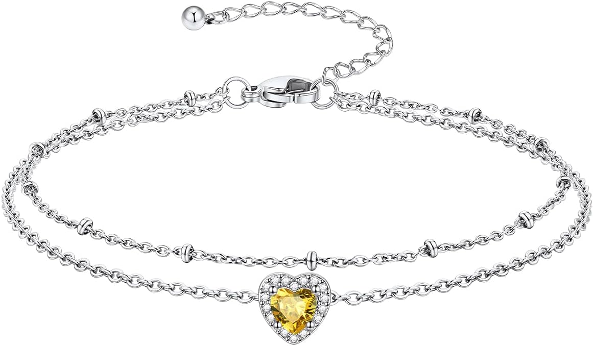 Richsteel Double Layer Heart/Butterfly Birthstone Anklet for Women Non Tarnish Waterproof, Silver/Gold/Black Stainless Steel 8.5-10.5 Inch Adjustable Chain Anklets Jewelry Gifts for Her
