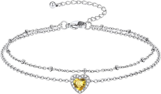 Richsteel Double Layer Heart/Butterfly Birthstone Anklet for Women Non Tarnish Waterproof, Silver/Gold/Black Stainless Steel 8.5-10.5 Inch Adjustable Chain Anklets Jewelry Gifts for Her