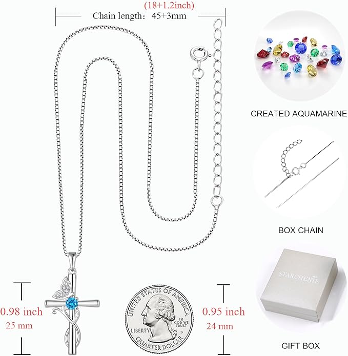STARCHENIE Butterfly Cross Necklace 925 Sterling Silver Crucifix Pendant Birthstone Jewelry for Women