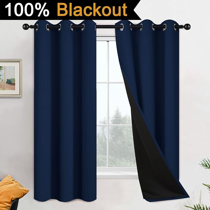 Yakamok Navy Blue 100% Blackout Curtains 63 Inches Long 42" Wide, 2 Panels | Blackout Curtain Panels for Bedroom, 2 Thick Layers Grommet Top Thermal Insulated Drapes with Black Liner for Living Room