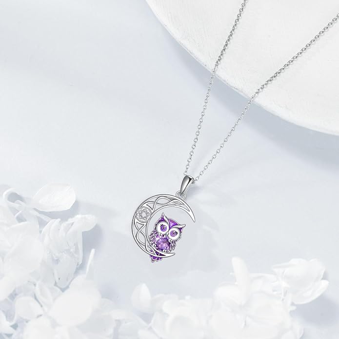 Owl Birthstone Necklace Sterling Silver Celtic Moon Pendant Cubic Zirconia Owls Jewelry Birthday Gifts for Women Men