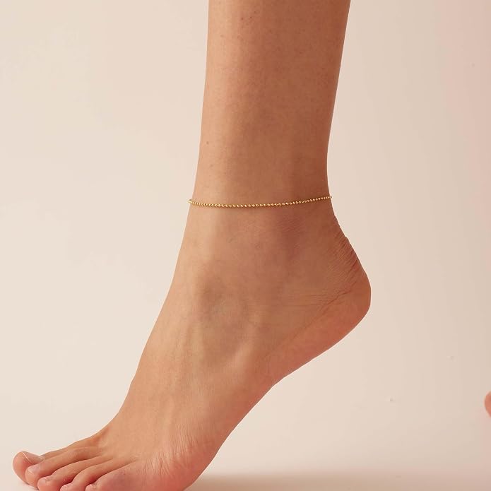 Dainty Ankle Bracelets for Women 18K Gold Plated Satellite Beaded Herringbone Lip Chain Anklets Simple Minimalist Summer Beach Foot Jewelry Christmas Gifts