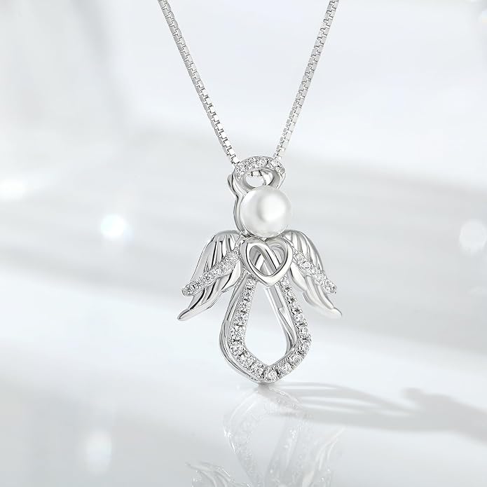 925 Sterling Silver Guardian Angel Pendant Necklace for Women with Birthstone Cubic Zirconia Little Angel Pendant Necklace Jewelry 18 inch Chain