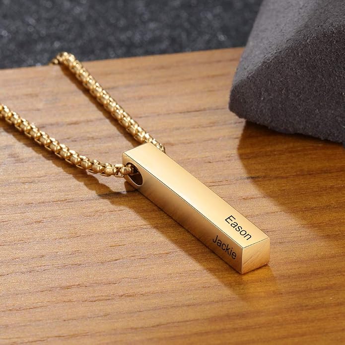 Personalized Men's Name Bar Necklace Engraved Initial Name Stainless Steel Vertical Bar Necklace for Father Husband Boyfriend Birthday
