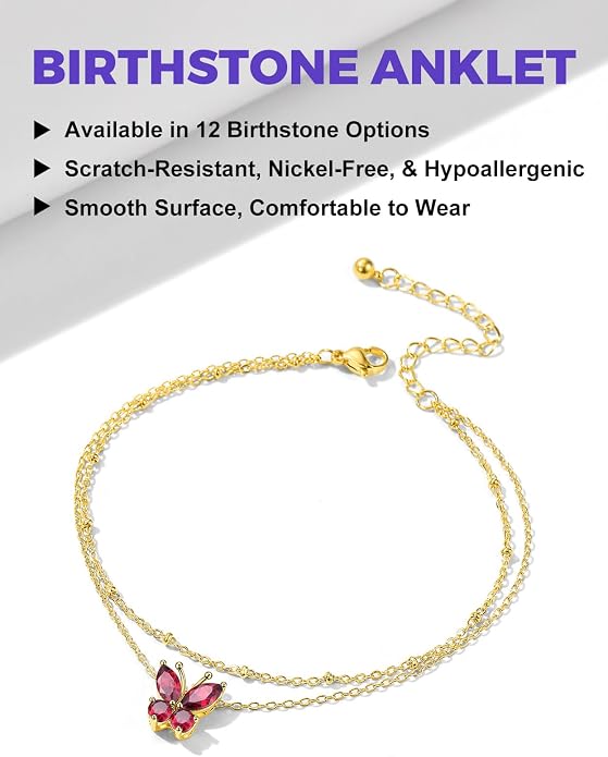 Richsteel Double Layer Heart/Butterfly Birthstone Anklet for Women Non Tarnish Waterproof, Silver/Gold/Black Stainless Steel 8.5-10.5 Inch Adjustable Chain Anklets Jewelry Gifts for Her