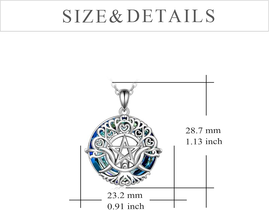 YFN Triple Moon Goddess Necklace Sterling Silver Pentagram Pentacle Opal Pendant necklace Pagan Wiccan Magic Amulet Tree of Life Jewelry for Women Men 18"