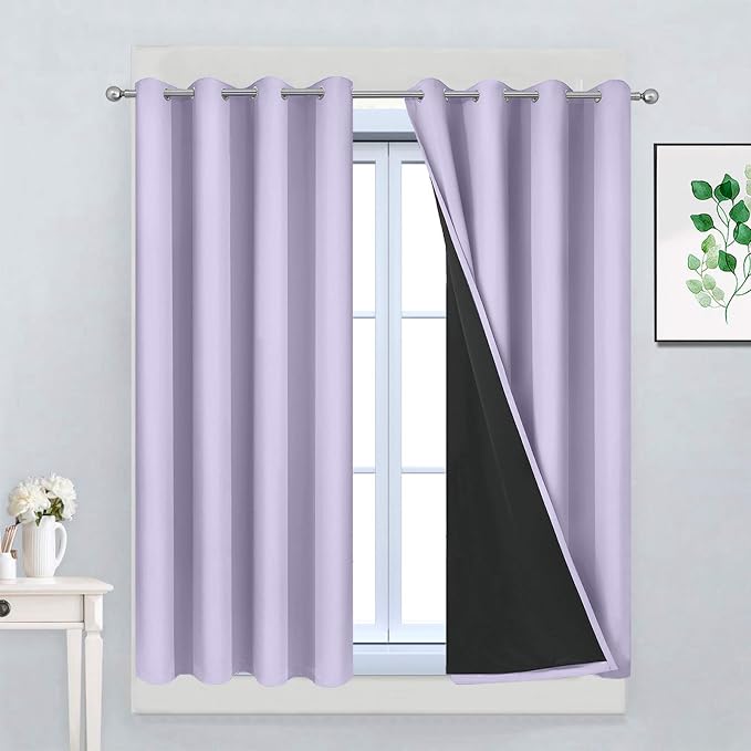 Yakamok Lilac 100% Blackout Curtains 45 Inches Long for Bedroom 52" Wide | Blackout Curtain Panels for Bedroom, 2 Thick Layers Grommet Top Thermal Insulated Drapes with Black Liner for Living Room