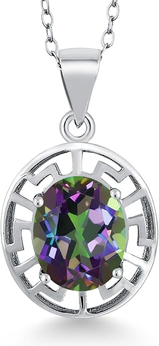 Gem Stone King 925 Sterling Silver 10X8MM Oval Gemstone Birthstone Necklace | Greek Key Pendant Necklace for Women | With 18 Inch Silver Chain