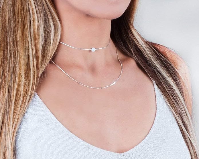 Opal Bead Choker Necklace – Rose and Gold Filled or Sterling Silver, Blue or White Opal Ball, Dainty Minimalist Jewelry 13.5"-16.5"