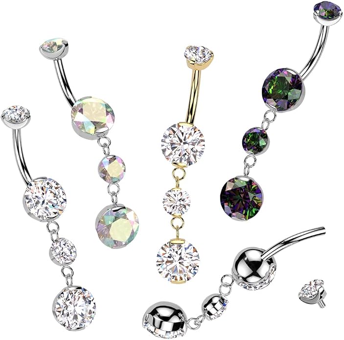 Pierced Owl 14GA ASTM F-136 Implant Grade Titanium Internally Threaded Double Prong CZ Crystal with Two Round CZ Crystals Dangling Belly Button Ring