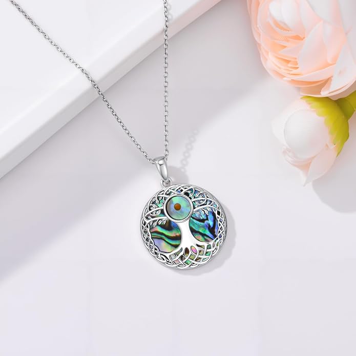 Tree of Life Necklace 925 Sterling Silver Abalone Shell Celtic Knot Tree Pendant Necklace Jewelry Gifts for Women Birthday Christmas