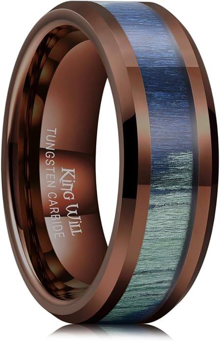 King Will Black Tungsten Wedding Band For Men, 8mm Promise Ring Inlay Red Twill Pattern/Colorful Wood Chips, High Polished Beveled Edge - Suitable For Daily Wear, Comfort Fit Size 7-14
