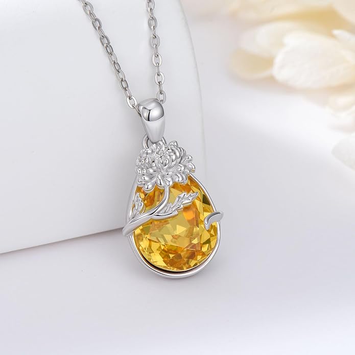 925 Sterling Silver Birth Flower Necklace with Teardrop Shaped Birthstone - 12 Colors, 12 Kinds of Flower - Ideal Birthday Jewelry Gift for Women, Mothers, Daughters & Wives