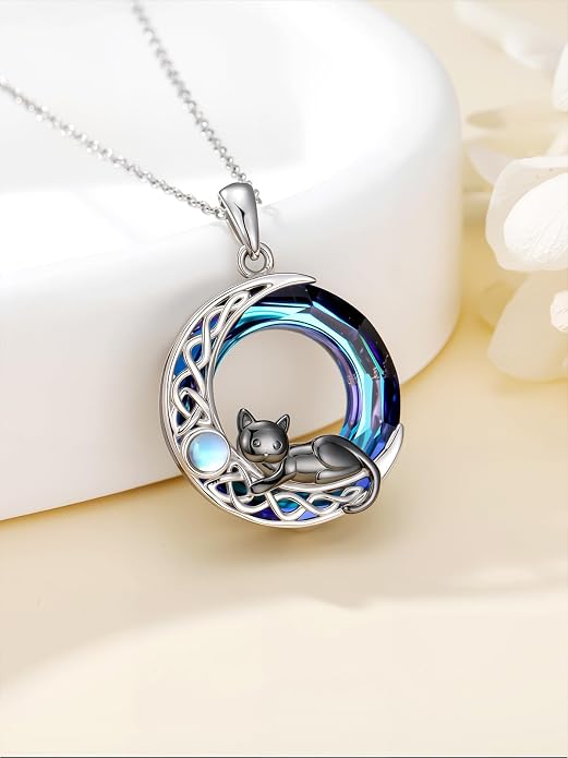 TOUPOP Cat Necklace Gifts for Women Sterling Silver Celtic Mounatin Moon Pendant with Blue Crystal Birthday Christmas Jewelry Gifts for Women