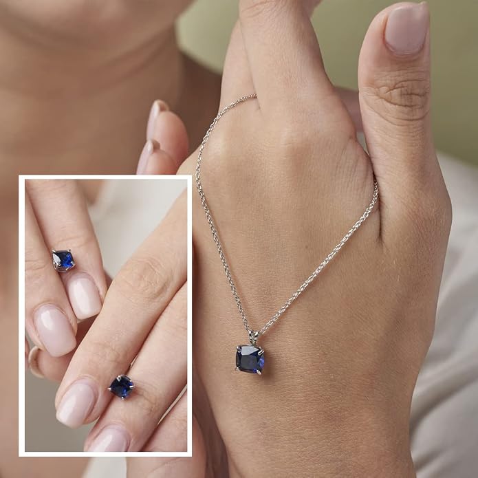 MAX + STONE 14k Gold Plated or Sterling Silver Cushion Cut Gemstone Stud Earrings and Pendant Necklace for Women with 6mm and 8mm Birthstones 18 Inch Chain and Push Backs Jewelry Set