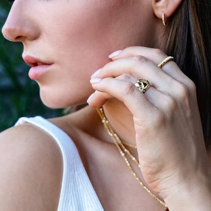 CIUNOFOR Crush Wide Band Ring for Women, Chunky Gold Stackable Ring, Textured Statement Band, Sizes 6–9