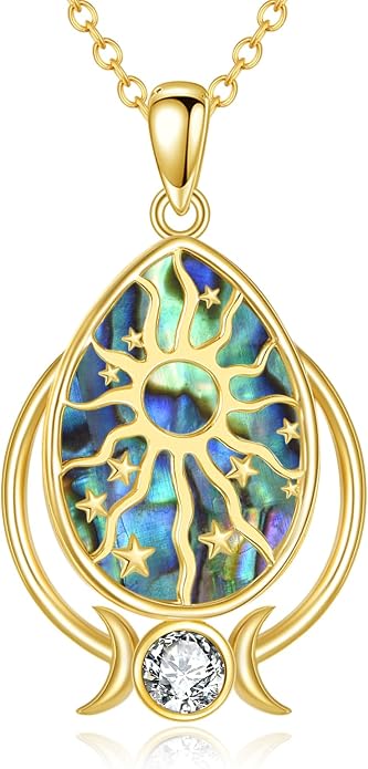 14k Gold Plated Abalone Shell Pendant Necklace For Women Fashion Sun & Star Crescent Necklace With Silver Cable Chain Jewelry Gifts, 18" + 2" Inches