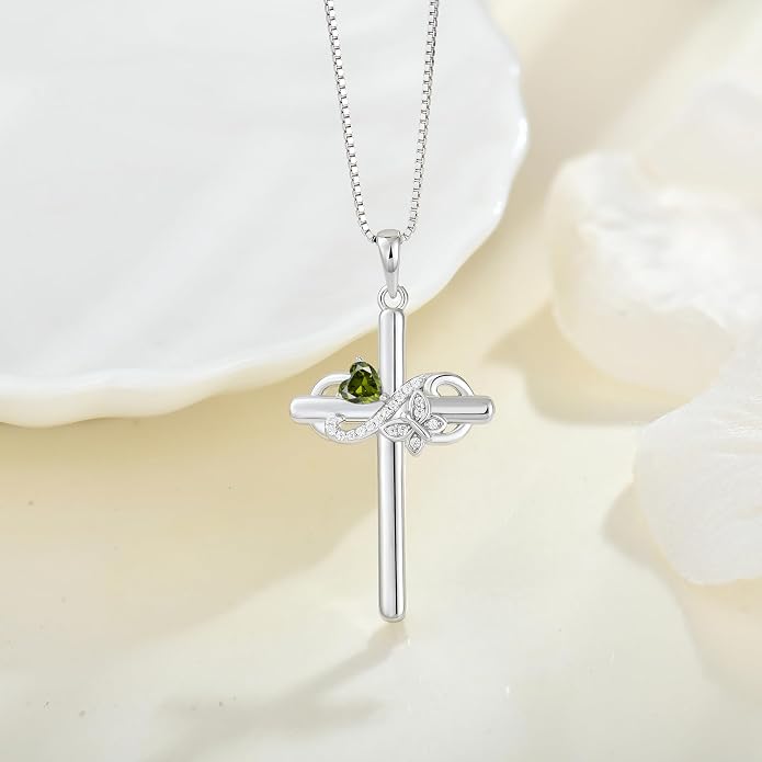 Infinity Butterfly Cross Necklace for Women 925 Sterling Silver Christian Religious Crucifix Pendant Birthstone Jewelry Gifts for Her