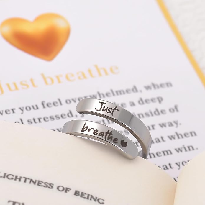 Dainty Just Breathe Ring for Women, Inspirational Engraved Heart Stainless Steel Open Ring Encouragement Daily Motivation Love Yourself Jewelry Gift