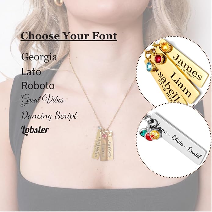 Custom Engraved 3D Vertical Pillar Bar Necklace – Personalized Name Pendant – 1 to 4 Sides – Non-Tarnish Stainless Steel – Gold/Silver – Adjustable Chain – Gift for Her, Mom/Dad With Kids Names