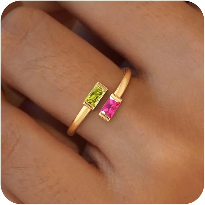 Honsny Gold Birthstone Rings for Women Non Tarnish 14K Gold Plated Adjustable Emerald Ring Cubic Zirconia Gemstone Promise Ring for Her Engagement Personalized Waterproof Jewelry Gifts for Birthday