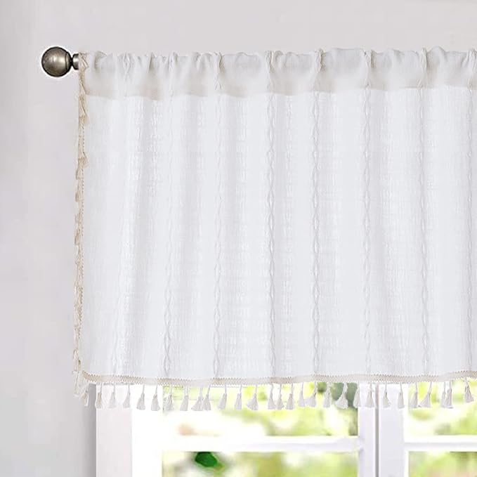 ColorBird Boho Kitchen Cafe Curtains Window Valances Boho Short Curtains & Drapes 36 Inch Length 2 Panels White Light Filtering Embroidered Striped for RV Camper Laundry Room