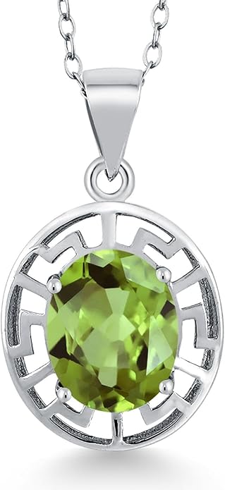 Gem Stone King 925 Sterling Silver 10X8MM Oval Gemstone Birthstone Necklace | Greek Key Pendant Necklace for Women | With 18 Inch Silver Chain