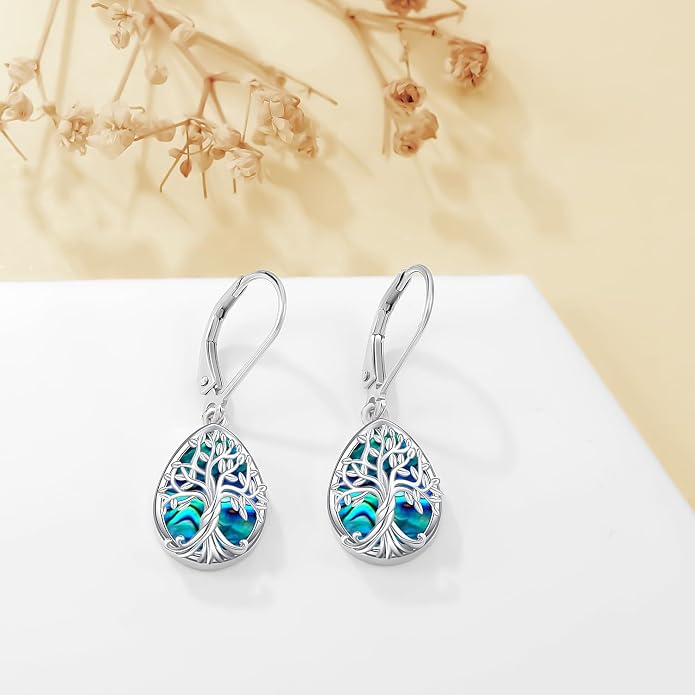 Odinstone 925 Sterling Silver Earrings Tree of Life Teardrop Moonstone Dangle Drop Leverback Earrings for Women
