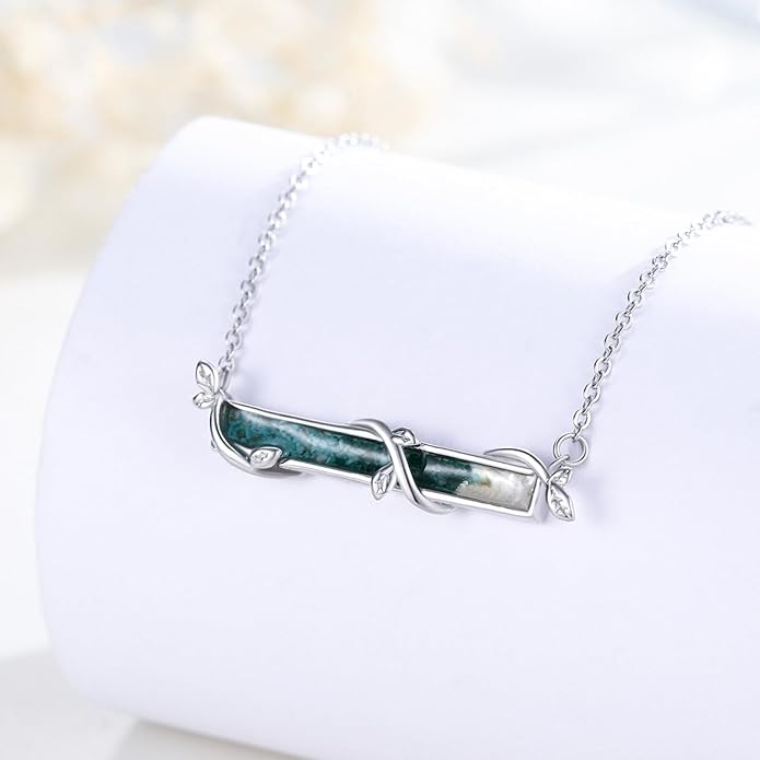 Bar Opal Leaf Necklace For Women S925 Sterling Silver White Opal Pendant with Leaf Charm Bar Pendant Jewelry Gift For Mom Daughter Wife