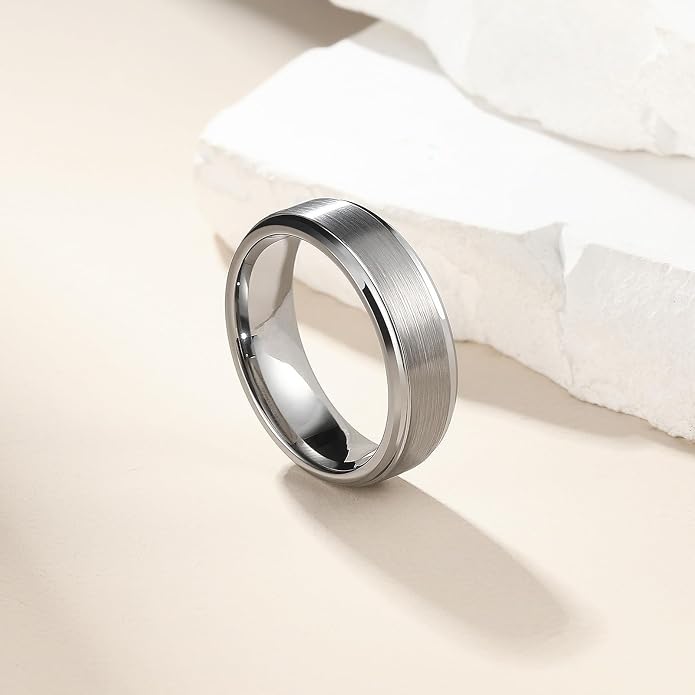 King Will Classic Tungsten Wedding Band for Men, 6/7/8/9/10mm Widths, Polished Finish Step Edge Matte Rings Comfort Fit