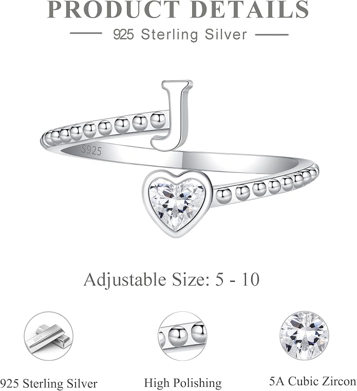 Step Forward 925 Sterling Silver Adjustable Initial Ring for Women | Non Tarnish Letter Rings for Lady | Alphabet Heart Thumb Rings | Capital Letter Jewelry Gifts