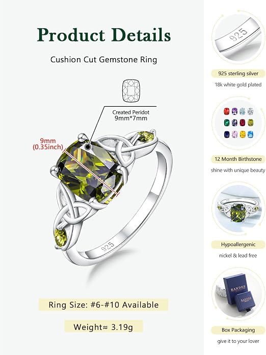 925 Sterling Silver Birthstone Rings for Women Cushion Cut Engagement Celtic Knot Ring Irish Jewelry Created Gemstone Anniversary Rings Size 6-10(with Box)