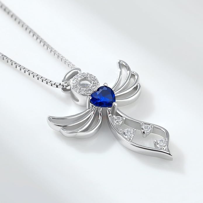 925 Sterling Silver Guardian Angel Pendant Necklace for Women - Birthstone Cubic Zirconia, 18" Chain, Gift for Her