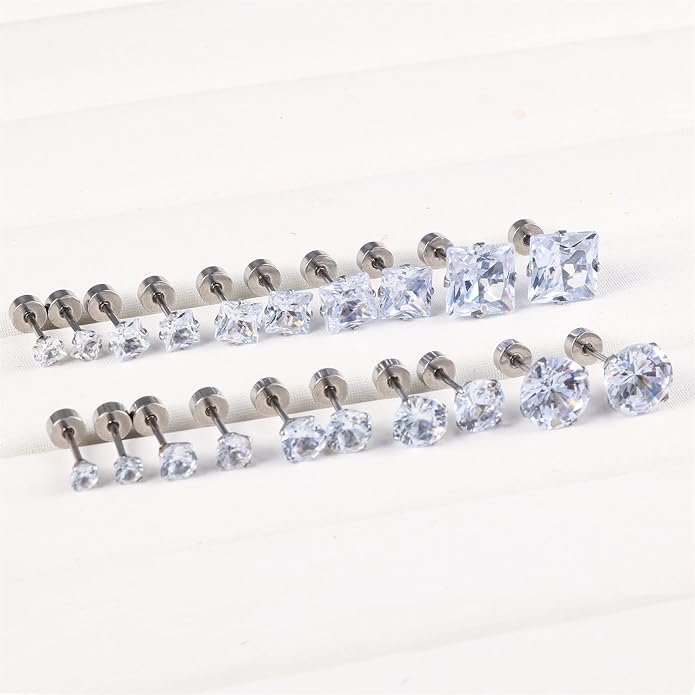 10 Pairs Stainless Steel Flat Back Stud Earrings Set for Women Hypoallergenic 316L Surgical Steel Cubic Zirconia Stud Earring Flatback Studs Earing for Men(10 Pairs)