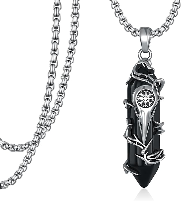 Viking Raven Skull Necklace 925 Sterling Silver Helm of Awe Necklace Raven Skull Pendant Viking Jewelry Norse Gifts for Men Women