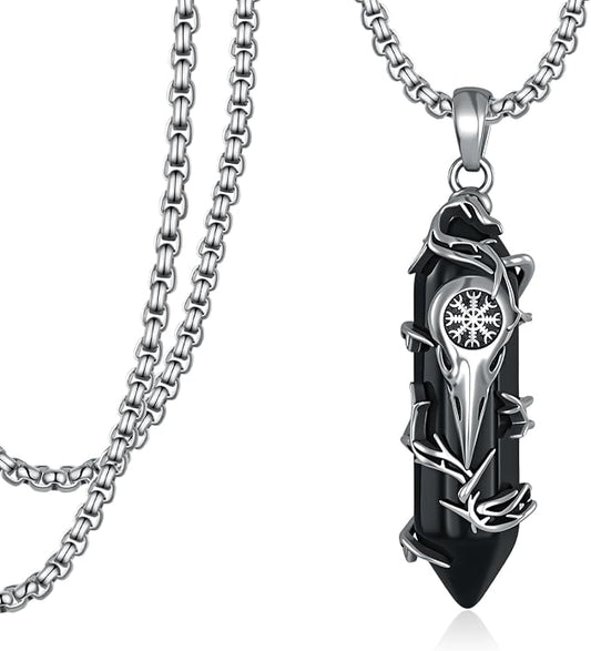 Viking Raven Skull Necklace 925 Sterling Silver Helm of Awe Necklace Raven Skull Pendant Viking Jewelry Norse Gifts for Men Women