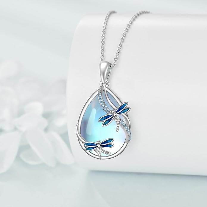 KQF Dragonfly/Butterlfy/Cat/Jellyfish/Bunny/Axolotl/Bee/Mermaid/Hummingbird/Elephant Necklace for Women Sterling Silver Moonstone Pendant Necklace Dragonfly Jewelry Gifts for Women
