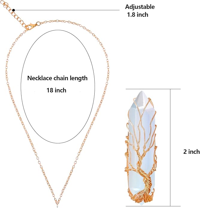 VIBILIA Healing Crystal Necklace Tree of Life Wire Wrapped Natural Stone Point Pendant Necklace Hexagonal Reiki Spiritual Quartz Gemstone Jewelry for Women Men