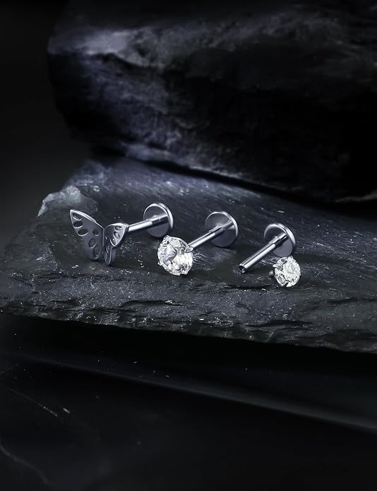 20G 18G 16G Astm F136 Titanium Internal Thread Flat Back Earrings Nose Studs Tragus Forward Helix Conch Cartilage Lobe Earring Stud Medusa Labret Monroe Lip Ring Piercing Jewelry For Women Men
