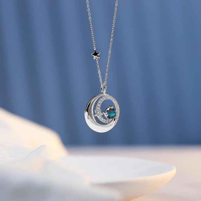 FANCIME Birthstone Necklaces 925 Sterling Silver Moon and Star Pendant Fine Jewelry Birthday Mothers Day Gifts for Mom Wife Her Daughter, Adjustable Chain 16+2"