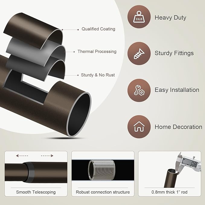 Lootkell Modern Brown Curtain Rods for Windows 48 to 84 Inches Adjustable Length Heavy Duty 1" Diameter Window Curtain Rod with Decorative Finials for Outdoor Farmhouse Bedroom Kitchen Living Room