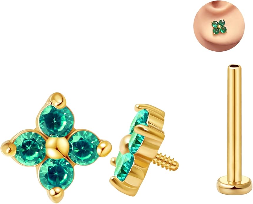FANSING CZ Flower Internally Threaded Flat Back Earring Labret Stud for Cartilage Tragus Helix Conch