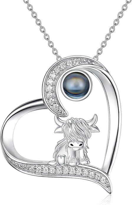 Highland Cow Gifts for Women 925 Sterling Silver Highland Cow Birthstone Necklace Fluffy Cow Jewelry Gifts Birthday Christmas