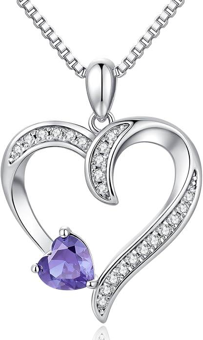 Love Heart Necklace for Women, 925 Sterling Silver Cubic Zirconia Birthstone Heart Pendant Jewelry Gift for Mom, Mother, Wife, Girlfriend on Birthday, Mother's Day, Chain 18 inch