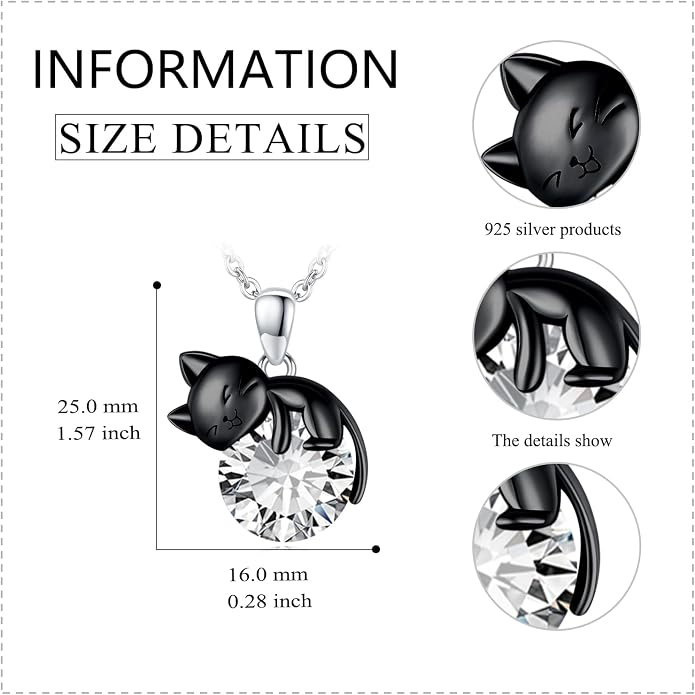 Cat Necklace Sterling Silver Cat Zircon Pendant Gothic Jewelry for Women Animal Lovers Gifts