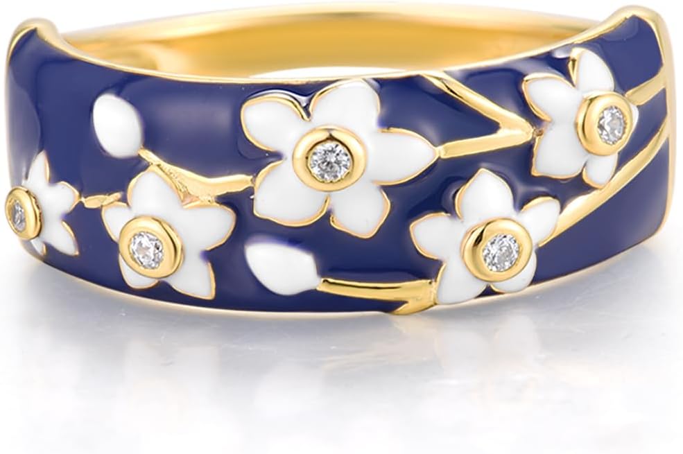 Santuzza 925 Sterling Silver Enamel Flower Pattern Ring for Women